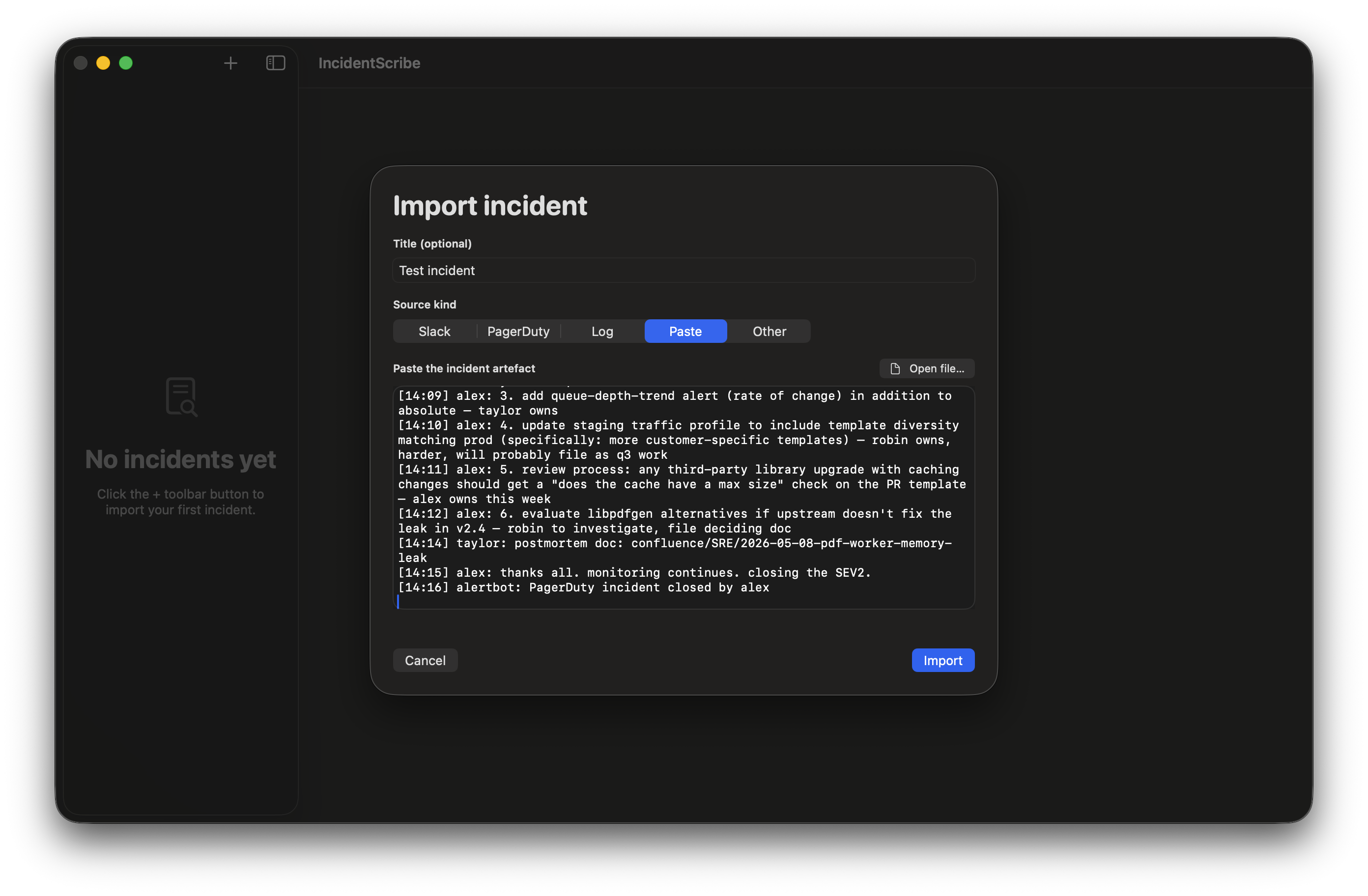 IncidentScribe import sheet for a Slack export — paste an incident artefact or open a file