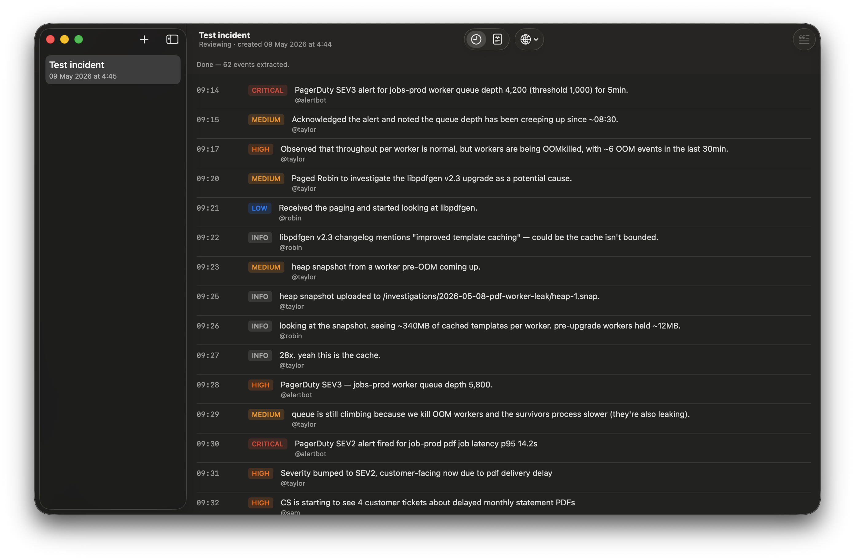 Timeline view in IncidentScribe — extracted events stream in as the on-device model produces them