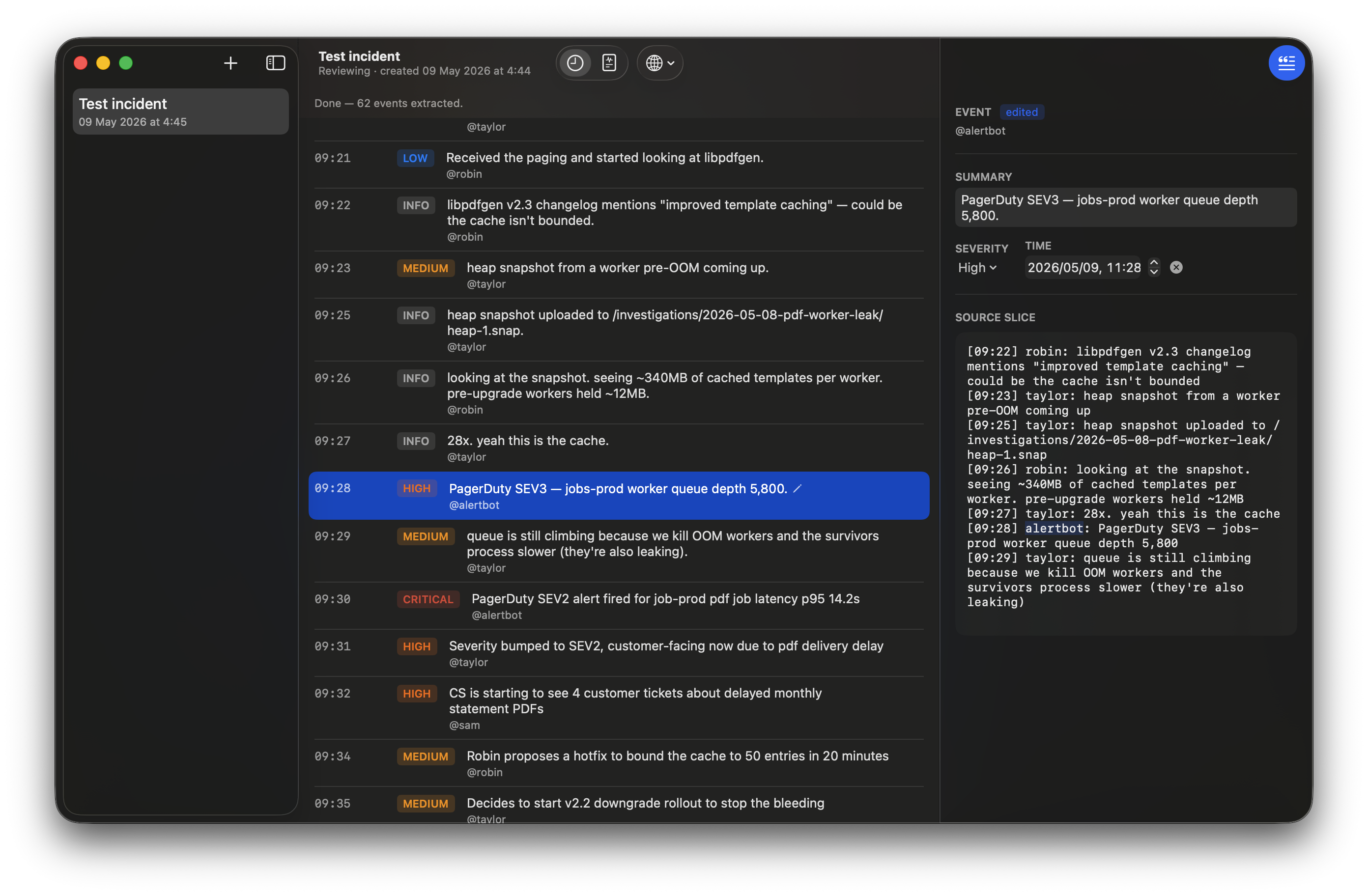 Citation drawer — click any timeline event to see the source Slack line that backs it