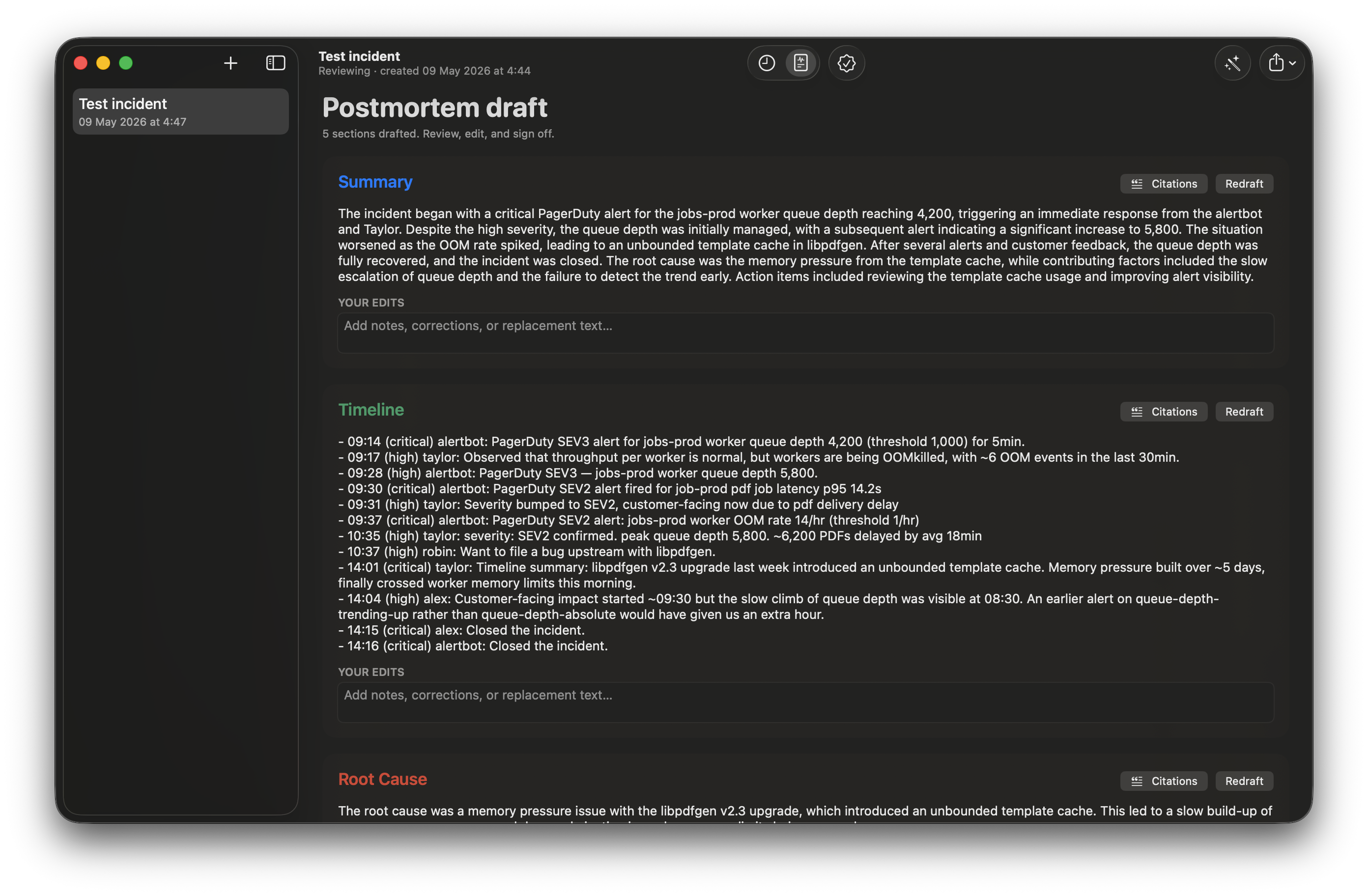 IncidentScribe draft view — five postmortem sections drafted from the structured timeline