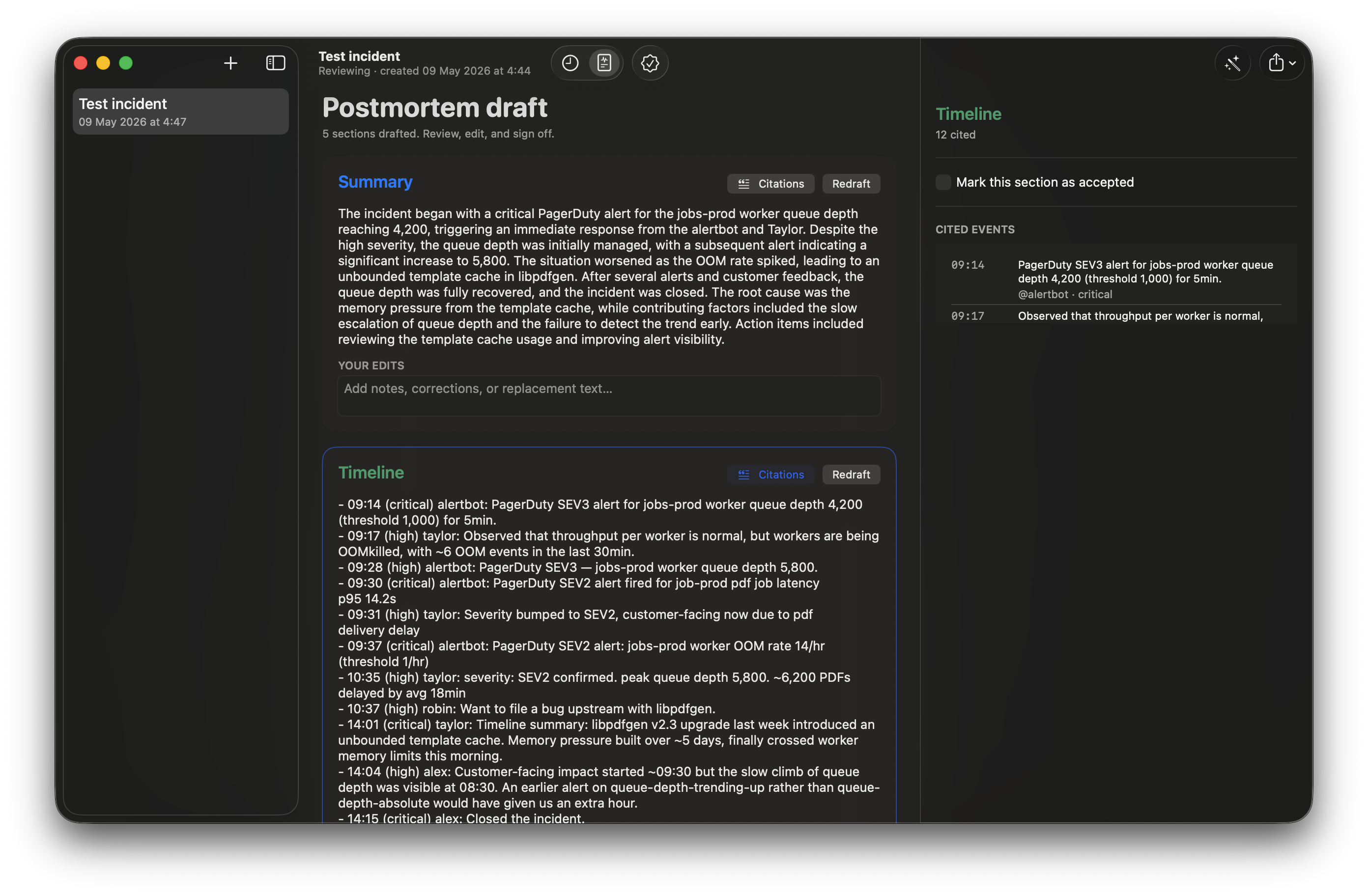 Section citations inspector — every drafted postmortem claim links back to the timeline events that justify it